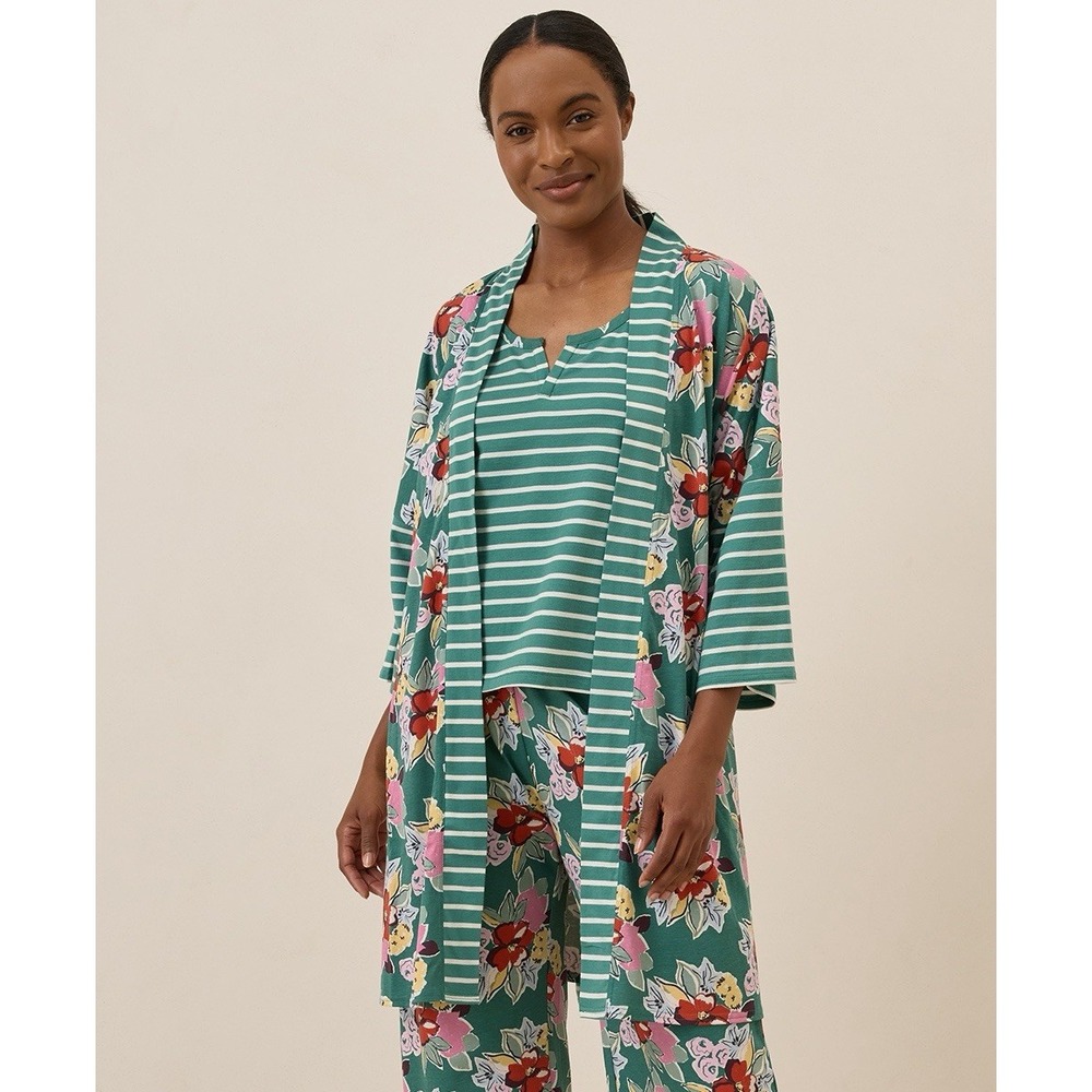 Pact Staycation Short Organic Cotton Robe Daybloom Stripes Women M/L Loungewear